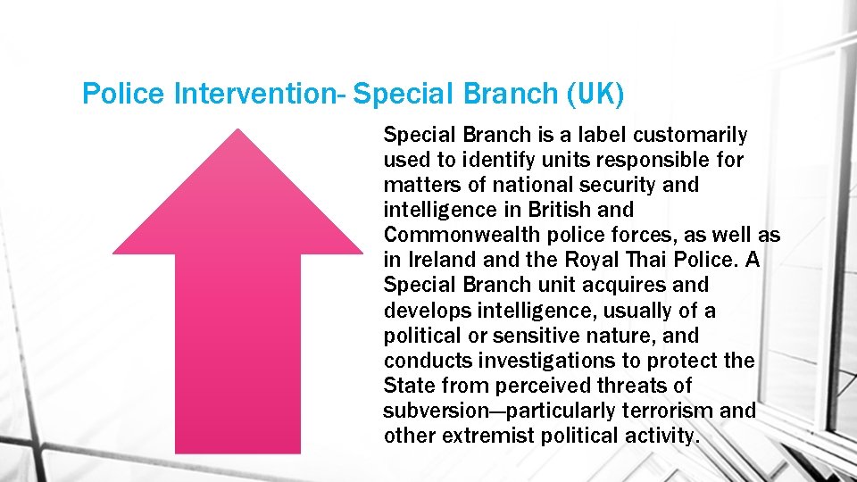 Police Intervention- Special Branch (UK) Special Branch is a label customarily used to identify