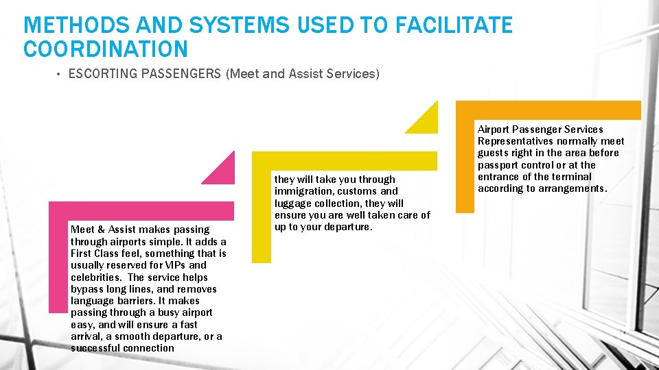 METHODS AND SYSTEMS USED TO FACILITATE COORDINATION • ESCORTING PASSENGERS (Meet and Assist Services)