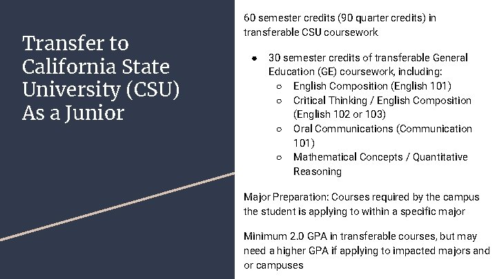 Transfer to California State University (CSU) As a Junior 60 semester credits (90 quarter