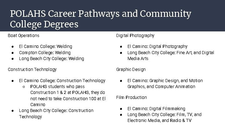 POLAHS Career Pathways and Community College Degrees Boat Operations ● ● ● El Camino POLAHS Career Pathways and Community College Degrees Boat Operations ● ● ● El Camino