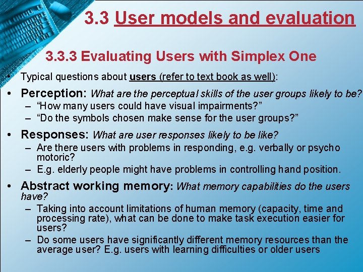 3. 3 User models and evaluation 3. 3. 3 Evaluating Users with Simplex One