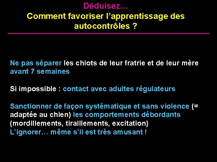 Déduisez… Comment favoriser l’apprentissage des autocontrôles ? Ne pas séparer les chiots de leur
