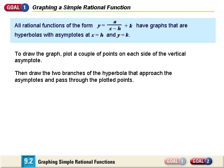 Graphing a Simple Rational Function a have graphs that are x–h +k hyperbolas with