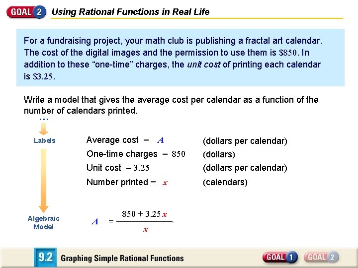 Using Rational Functions in Real Life For a fundraising project, your math club is