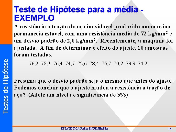 Teste de Hipótese para a média EXEMPLO T est es d e Hi p