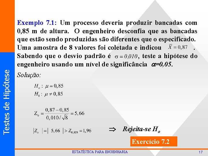 T est es d e Hi p ó t ese Exemplo 7. 1: Um