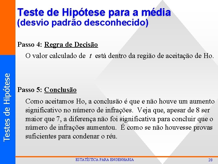 Teste de Hipótese para a média (desvio padrão desconhecido) Passo 4: Regra de Decisão Teste de Hipótese para a média (desvio padrão desconhecido) Passo 4: Regra de Decisão