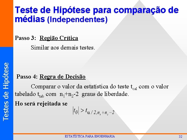 Teste de Hipótese para comparação de médias (Independentes) Passo 3: Região Crítica T est Teste de Hipótese para comparação de médias (Independentes) Passo 3: Região Crítica T est