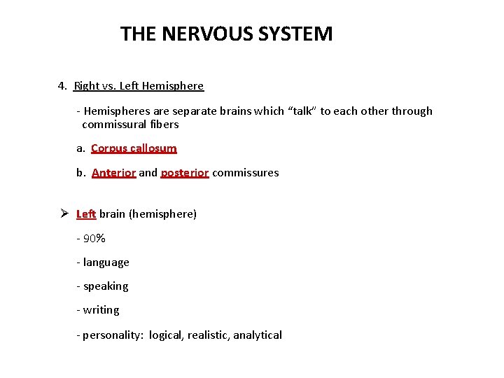 THE NERVOUS SYSTEM 4. Right vs. Left Hemisphere - Hemispheres are separate brains which