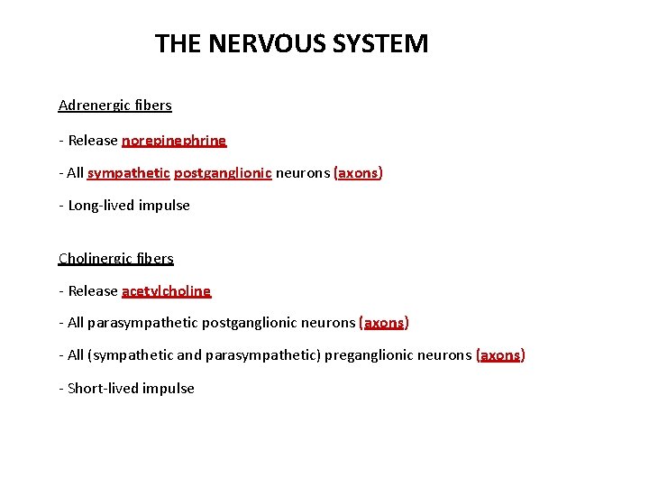THE NERVOUS SYSTEM Adrenergic fibers - Release norepinephrine - All sympathetic postganglionic neurons (axons)