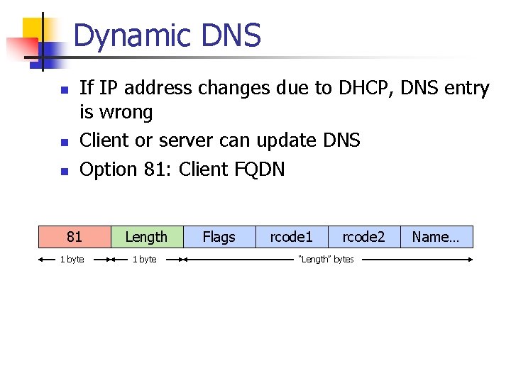 Dynamic DNS n n n If IP address changes due to DHCP, DNS entry