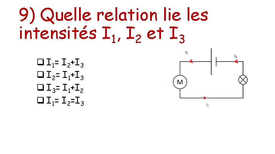 9) Quelle relation lie les intensités I 1, I 2 et I 3 q