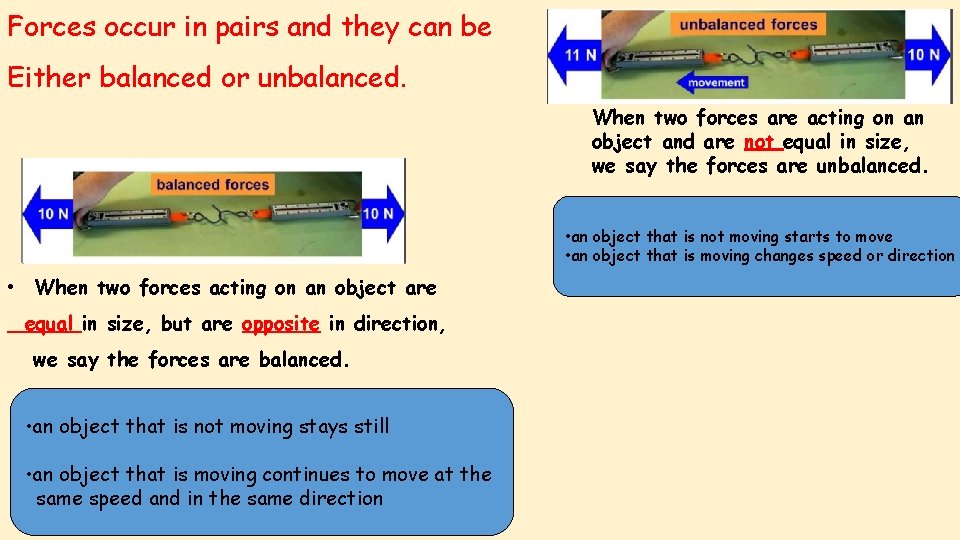 Forces occur in pairs and they can be Either balanced or unbalanced. When two