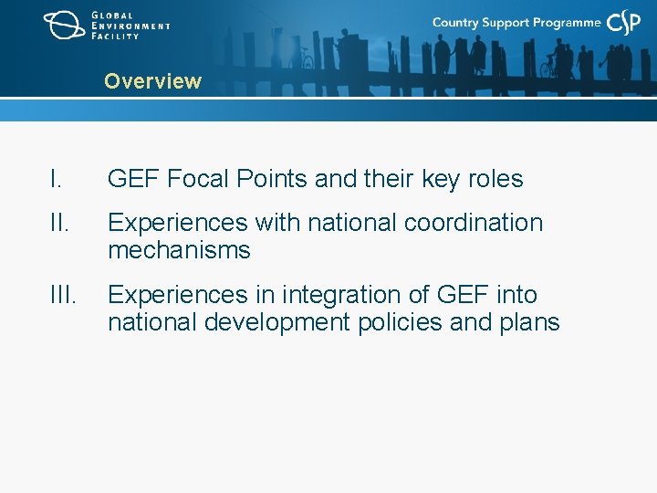 Overview I. GEF Focal Points and their key roles II. Experiences with national coordination