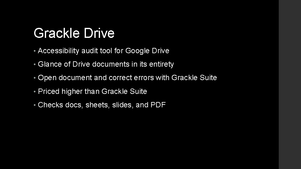 Grackle Drive • Accessibility audit tool for Google Drive • Glance of Drive documents