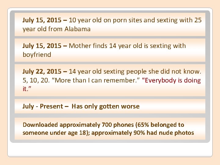 July 15, 2015 – 10 year old on porn sites and sexting with 25