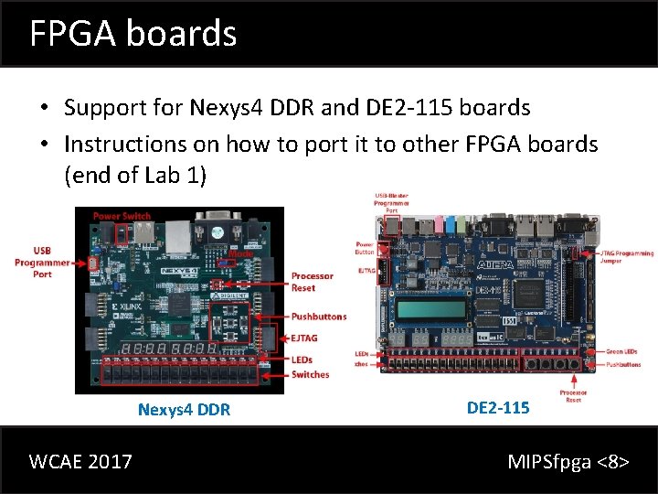 FPGA boards • Support for Nexys 4 DDR and DE 2 -115 boards •