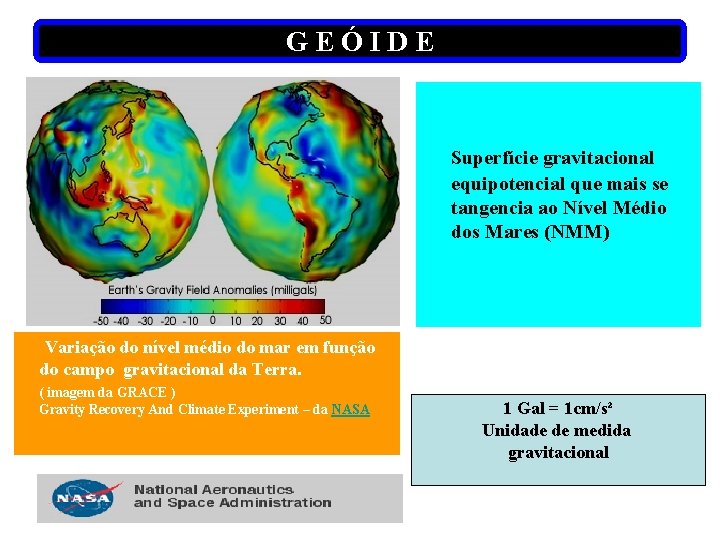 GEÓIDE Superfície gravitacional equipotencial que mais se tangencia ao Nível Médio dos Mares (NMM)