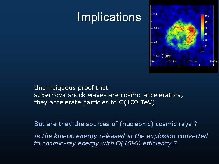 Implications Unambiguous proof that supernova shock waves are cosmic accelerators; they accelerate particles to