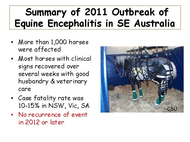 Summary of 2011 Outbreak of Equine Encephalitis in SE Australia • More than 1,