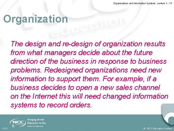 Organisations and Information Systems Lecture 1 - 1. 7 Organization The design and re-design