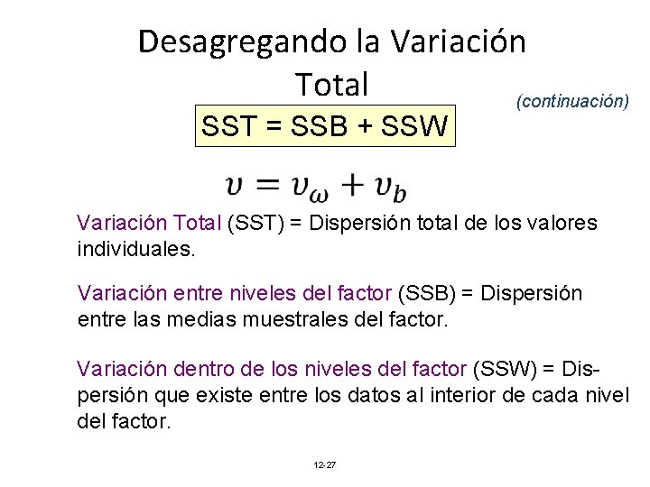 Desagregando la Variación Total (continuación) SST = SSB + SSW Variación Total (SST) =