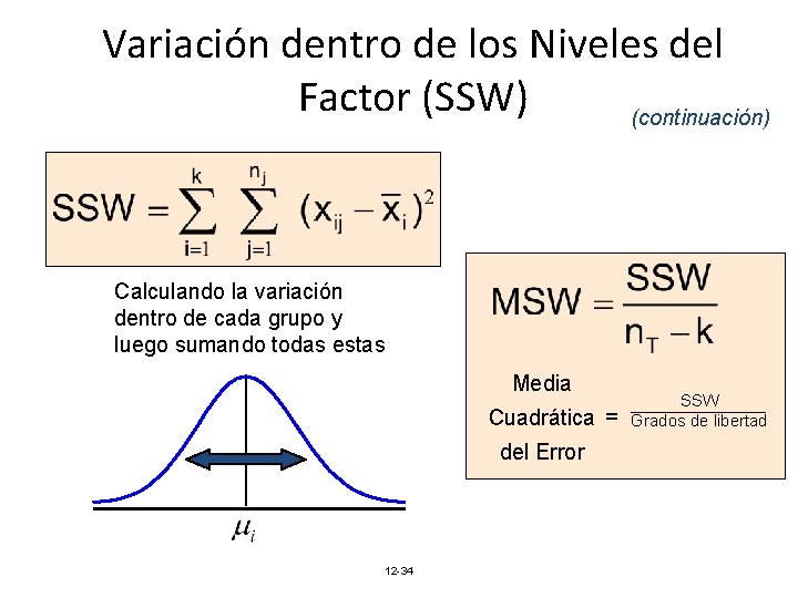 Variación dentro de los Niveles del Factor (SSW) (continuación) Calculando la variación dentro de Variación dentro de los Niveles del Factor (SSW) (continuación) Calculando la variación dentro de