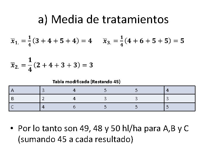 a) Media de tratamientos Tabla modificada (Restando 45) A 3 4 5 5 4 a) Media de tratamientos Tabla modificada (Restando 45) A 3 4 5 5 4