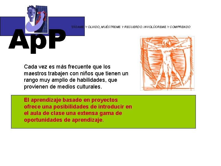 Ap. P “DÍGAME Y OLVIDO, MUÉSTREME Y RECUERDO. INVOLÚCREME Y COMPRENDO Cada vez es