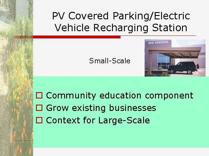 PV Covered Parking/Electric Vehicle Recharging Station Small-Scale o Community education component o Grow existing