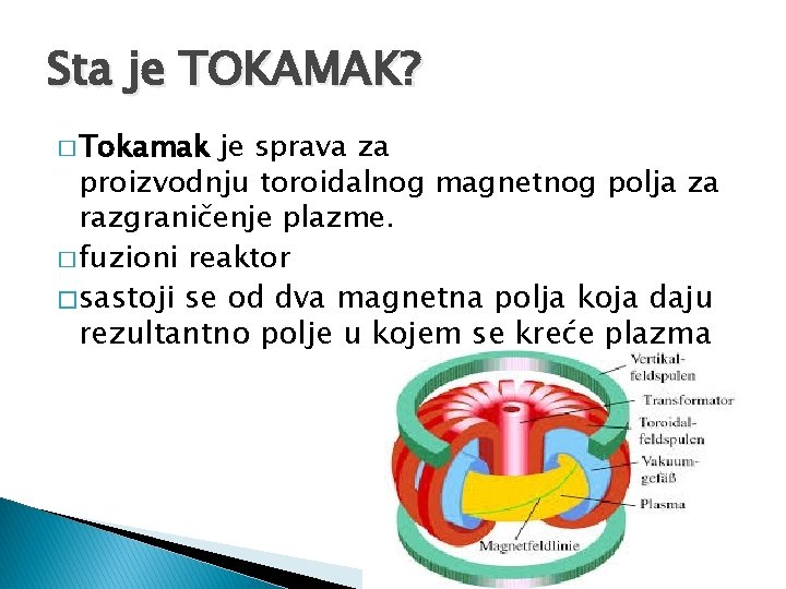 Sta je TOKAMAK? � Tokamak je sprava za proizvodnju toroidalnog magnetnog polja za razgraničenje