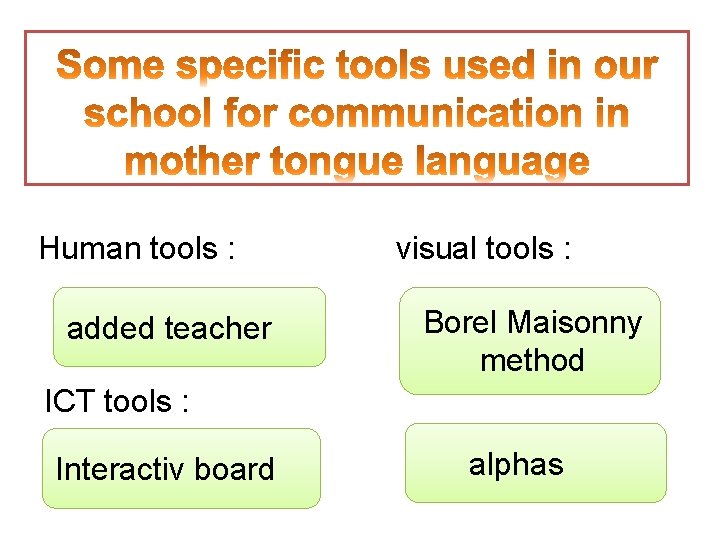 Human tools : added teacher visual tools : Borel Maisonny method ICT tools :