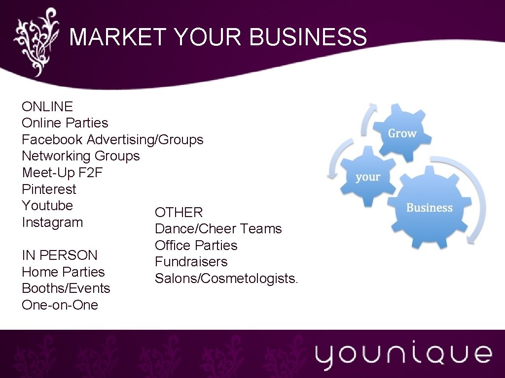 MARKET YOUR BUSINESS ONLINE Online Parties Facebook Advertising/Groups Networking Groups Meet-Up F 2 F