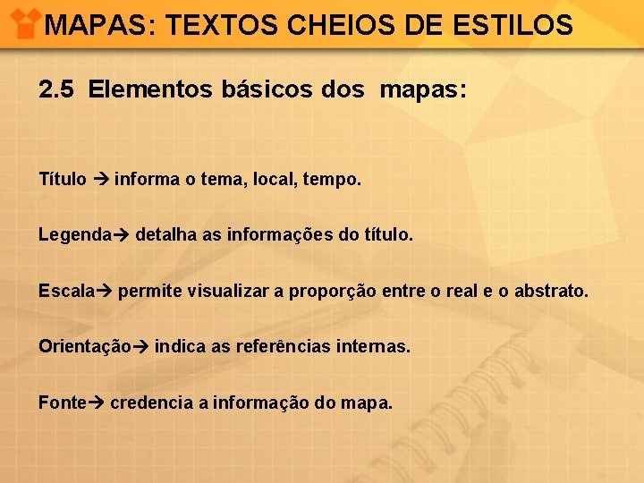 MAPAS: TEXTOS CHEIOS DE ESTILOS 2. 5 Elementos básicos dos mapas: Título informa o