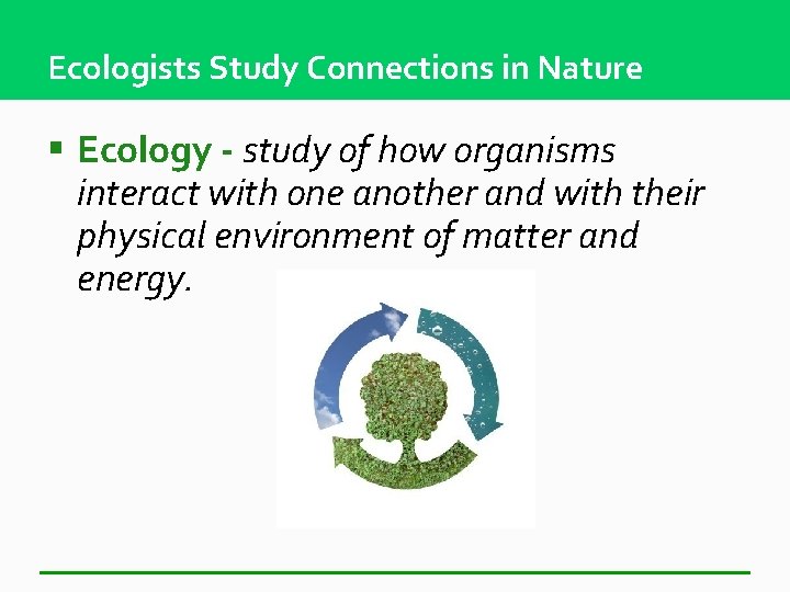 Ecologists Study Connections in Nature § Ecology - study of how organisms interact with