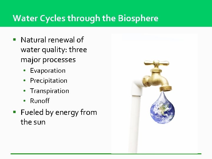 Water Cycles through the Biosphere § Natural renewal of water quality: three major processes