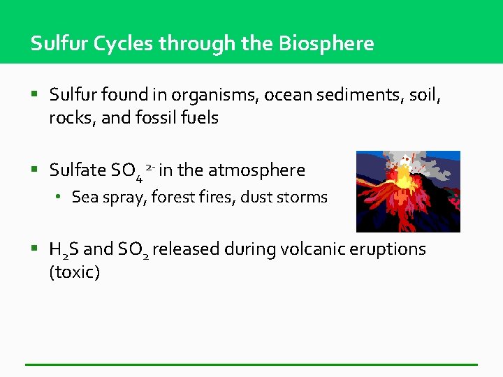 Sulfur Cycles through the Biosphere § Sulfur found in organisms, ocean sediments, soil, rocks,