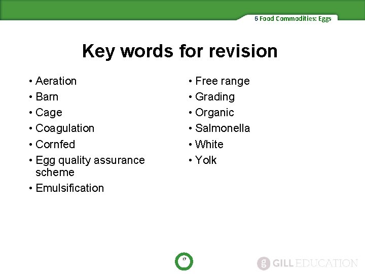 6 Food Commodities: Eggs Key words for revision • Aeration • Barn • Cage