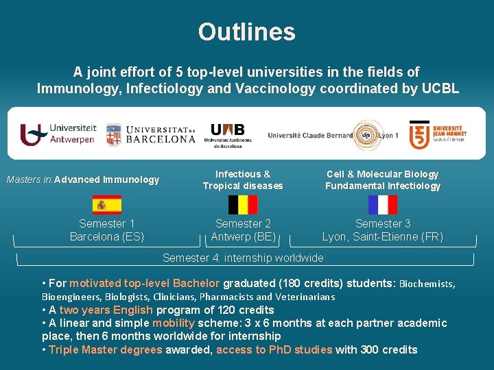 Outlines A joint effort of 5 top-level universities in the fields of Immunology, Infectiology