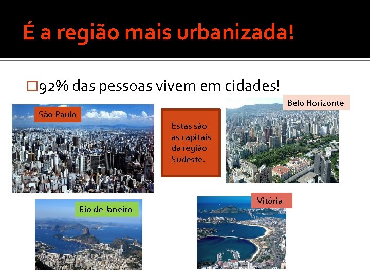 É a região mais urbanizada! � 92% das pessoas vivem em cidades! Belo Horizonte É a região mais urbanizada! � 92% das pessoas vivem em cidades! Belo Horizonte