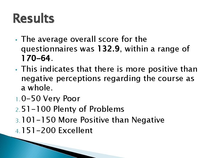 Results The average overall score for the questionnaires was 132. 9, within a range