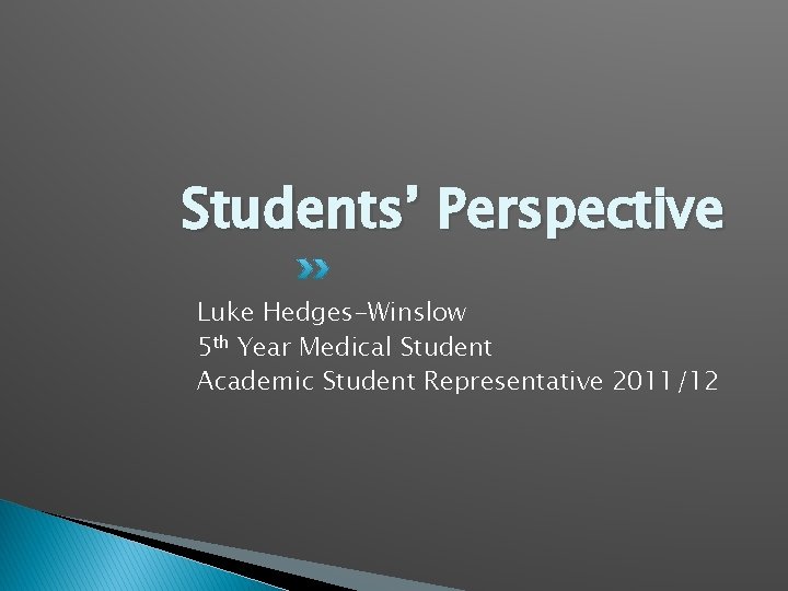 Students’ Perspective Luke Hedges-Winslow 5 th Year Medical Student Academic Student Representative 2011/12 