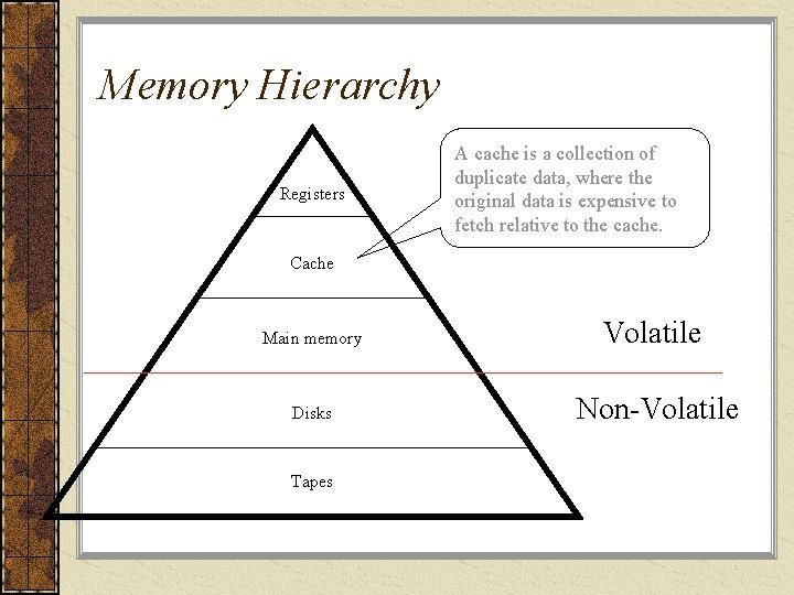 Memory Hierarchy Registers A cache is a collection of duplicate data, where the original