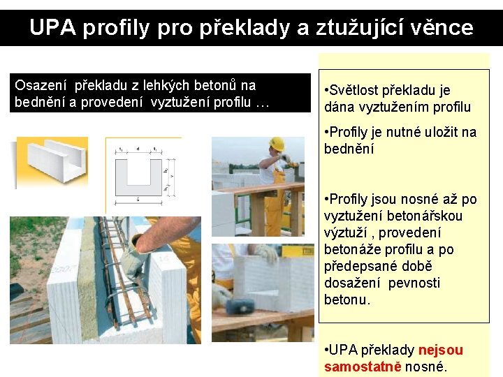 UPA profily pro překlady a ztužující věnce Osazení překladu z lehkých betonů na bednění