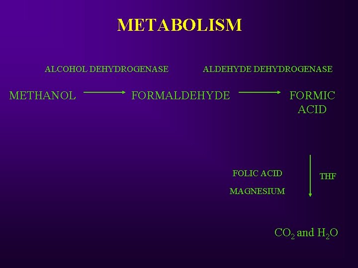 METABOLISM ALCOHOL DEHYDROGENASE METHANOL ALDEHYDE DEHYDROGENASE FORMALDEHYDE FORMIC ACID FOLIC ACID THF MAGNESIUM CO
