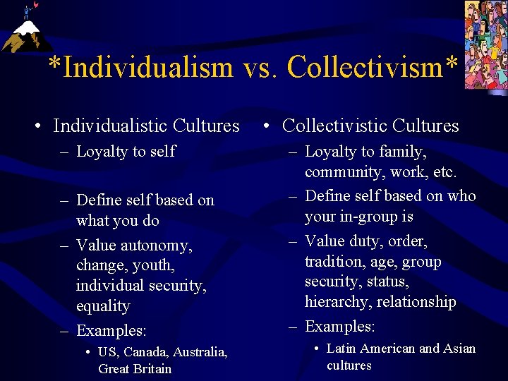 *Individualism vs. Collectivism* • Individualistic Cultures – Loyalty to self – Define self based