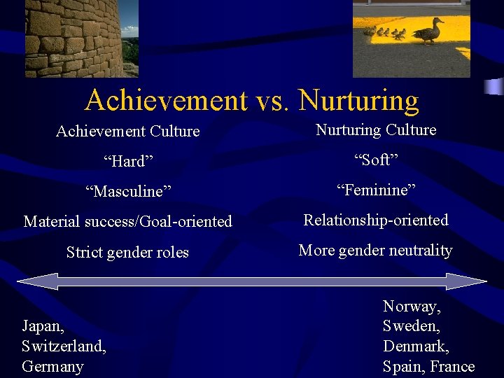 Achievement vs. Nurturing Achievement Culture Nurturing Culture “Hard” “Soft” “Masculine” “Feminine” Material success/Goal-oriented Relationship-oriented