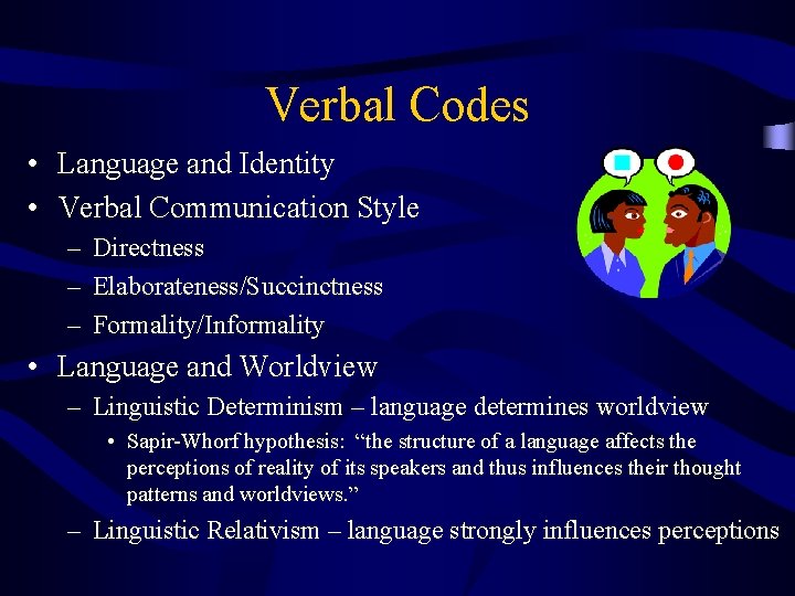 Verbal Codes • Language and Identity • Verbal Communication Style – Directness – Elaborateness/Succinctness