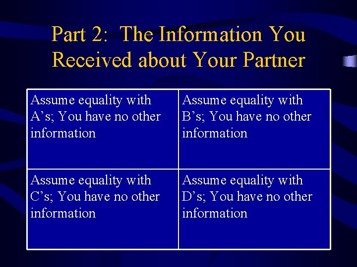 Part 2: The Information You Received about Your Partner Assume equality with A’s; You