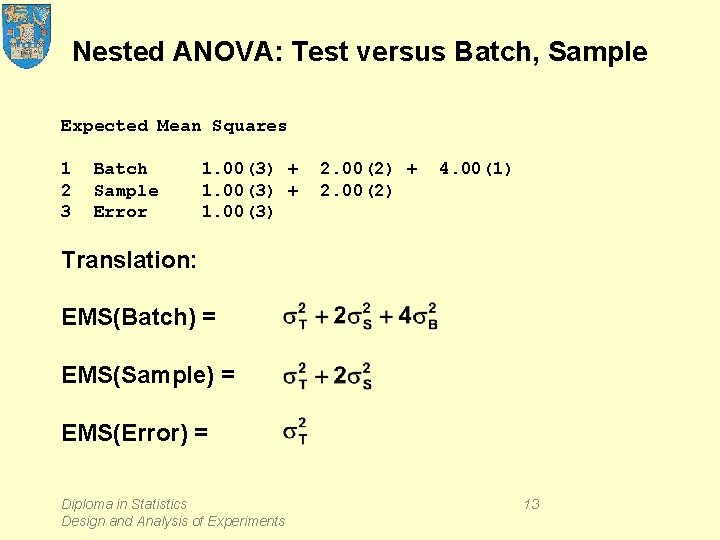 Nested ANOVA: Test versus Batch, Sample Expected Mean Squares 1 2 3 Batch Sample